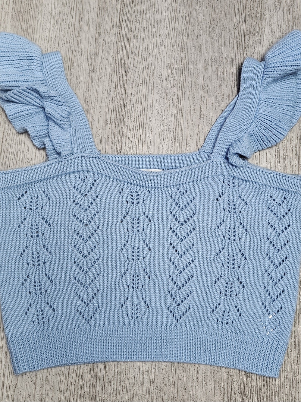 Light Blue Women's Knit Ruffle Strap Sweater Crop Top Baby Blue Tank Crop Small